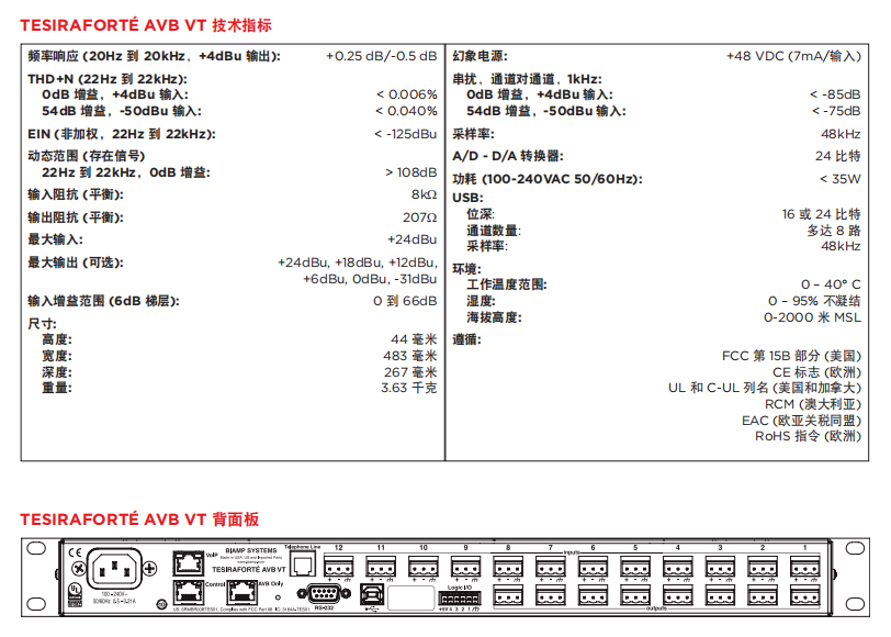 BIAMP TesiraFORTé AVB VT 音頻處理器(12路輸入8路輸出)